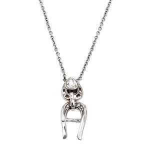 Aigner Silver Tone Crystal Logo Drop Pendant Necklace